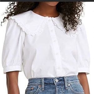 Levi's Olympia Ruffle Peter Pan Collar White Button Up Short Sleeve Shirt Blouse